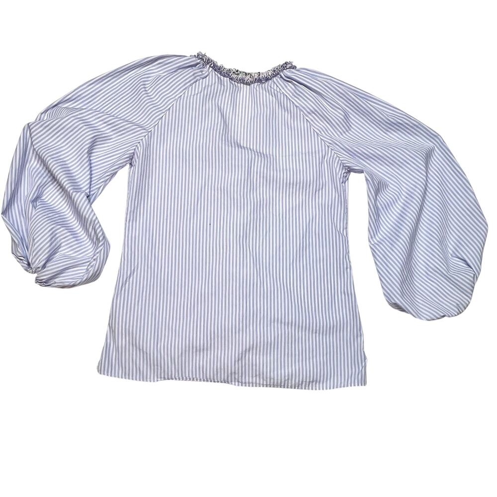 Anne Fontaine Aix Shirt Pearl Neck Size 38 Blue White Pinstripe Button Down - Picture 4 of 12